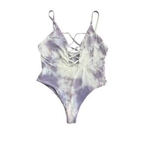 Dippin Daisy's Swimwear Purple White Tie Dye Lace Up One Piece Swimsuit Size 1X